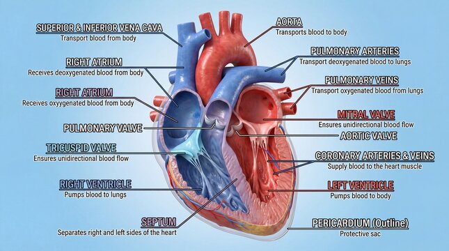 Human Heart Anatomy Diagram with Labels for Educational Purposes and Medical Study