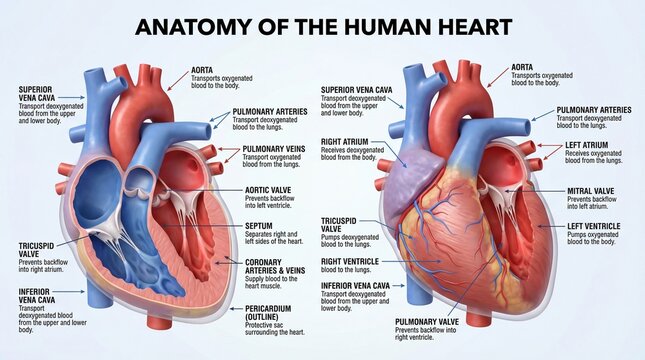 Detailed Anatomical Diagram of the Human Heart with Labelled Structures and Functions