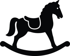 Minimal vector silhouette, vintage rocking horse toy with curved base, solid black, isolated on white.