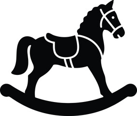 Minimal vector silhouette, vintage rocking horse toy with curved base, solid black, isolated on white.