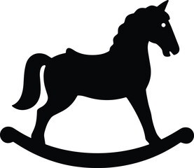 Minimal vector silhouette, vintage rocking horse toy with curved base, solid black, isolated on white.