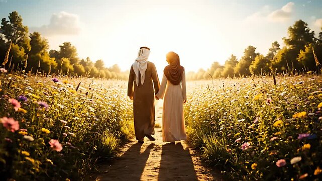 Arab couple dressed in traditional attire walks hand-in-hand through a vibrant sunlit meadow filled with colorful wildflowers at sunset