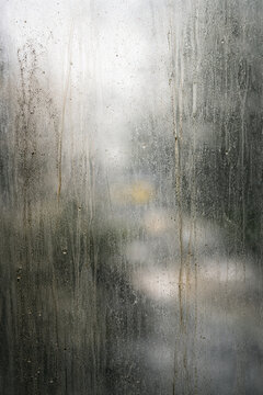 Foggy window dirty glass condensation rain drip wet blur overcast urban pollution Foggy window with dirty glass shows moisture and air pollution effect health during rainy day urban street view
