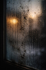 Obraz premium Dirty glass window condensation moisture air pollution sunrise health concern mood