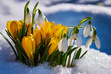 Obraz premium Gelbe Krokusse und Schneeglöckchen blühen im Schnee