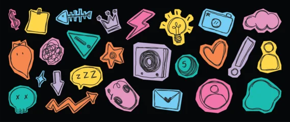 Fotobehang Onderzeeër Hand drawn neon doodle icon vector set with colorful stickers, chat bubbles, camera and message symbols on black background. Modern design elements for apps and social media.  © TWINS DESIGN STUDIO
