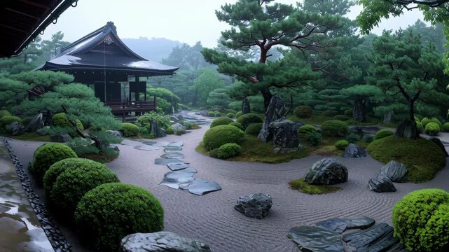 Serene Japanese Zen Garden Landscape with Traditional Pavilion  Carefully Arranged Rocks  Lush Greenery  and Tranquil Atmosphere for Meditation and