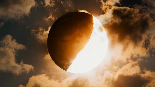 Dramatic solar eclipse time lapse with clouds and light creating a celestial spectacle