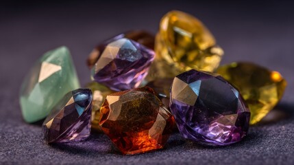 Stunning Close-Up of Multi-Colored Faceted Gemstones on Dark Background