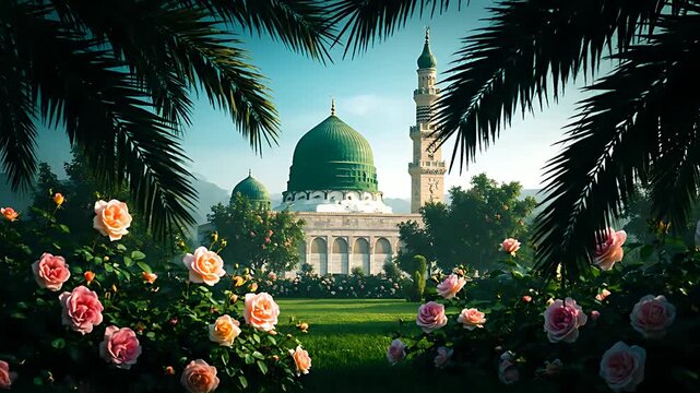 The iconic green dome of the Prophet's Mosque framed by lush garden foliage and blossoming pink and orange roses, creating a serene spiritual vista.