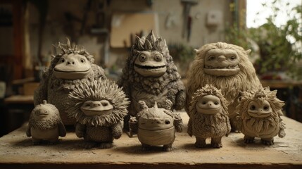 Fototapeta premium Playful Clay Creatures Displayed on Wooden Workbench in Studio