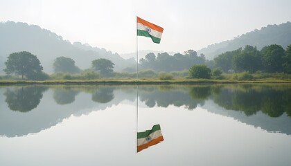 Indian Flag Flies Proudly Over Reflective Lake Amidst Lush Green Hills