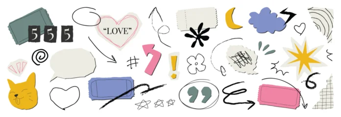 Fotobehang Onderzeeër Hand drawn pastel doodle icon vector set with soft pink and blue stickers, cute symbols, labels and highlights on white background. Sweet design elements for planners and social media.  © TWINS DESIGN STUDIO