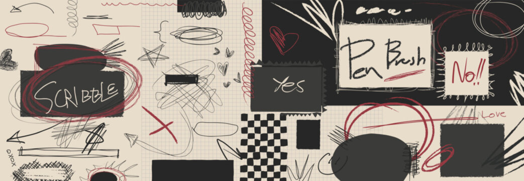 Hand drawn collage scribble sticker vector set with beige grid paper texture, black brush marks, labels and cutout shapes. Editorial design elements for posters and branding.