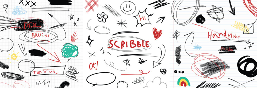 Hand drawn messy scribble vector set with colorful ink marks, highlights, underlines and notebook doodles on white background. Creative design elements for planners and school notes.
