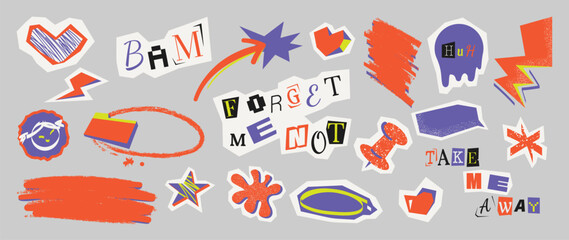 Hand drawn colorful cutout doodle sticker vector set with collage lettering, labels, stars and comic marks on gray background. Creative design elements for posters and social media.