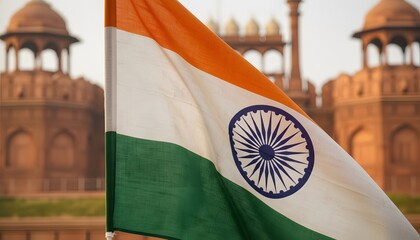 Indian Flag Waves Gently Before Red Fort Landmark In Delhi India During Daytime