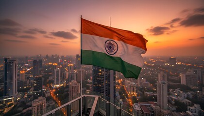 Indian Flag Waving Atop Skyscraper Over Cityscape At Sunset With Orange Sky