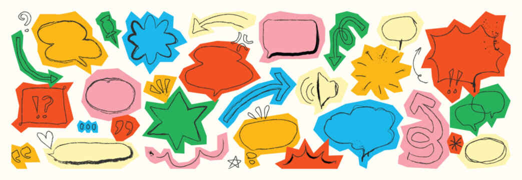 Hand drawn colorful speech bubble doodle vector set with chat icons, thumbs, labels and comic marks on white background. Fun design elements for apps, posters and social media.