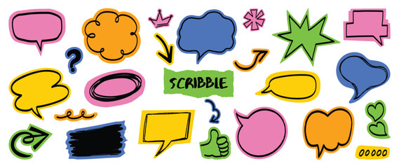 Obraz premium Hand drawn colorful chat bubble sticker vector set with bright speech shapes, thumbs icons and doodle marks on white background. Modern design elements for apps and social media.