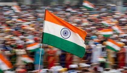 Indian Flag Waving In Crowd During A Parade With Motion Blur Effect