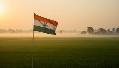 Indian Flag Waving in Foggy Field at Sunrise Golden Light