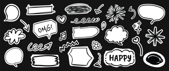 Fotobehang Onderzeeër Hand drawn black and white chalk doodle sticker vector set with speech bubbles, labels and happy icons on dark background. Clean design elements for posters and branding.  © TWINS DESIGN STUDIO