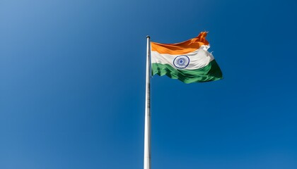Indian Flag Waving Proudly Against Clear Blue Sky on a Sunny Day