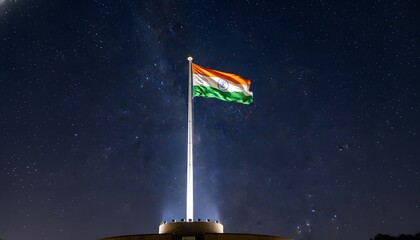 Indian Flag Waving Proudly Against Starry Night Sky Illuminating