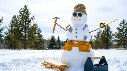 snowman with lots of work tools in the body standing in the forest