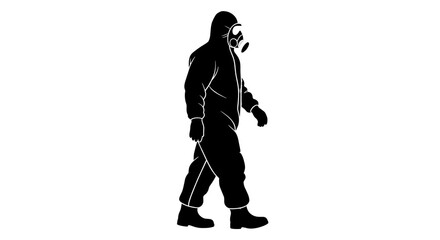 Person wearing protective hazmat suit and gas mask walking alone on white background for safety and protection concepts