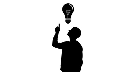 Silhouette of a man with a light bulb above his head symbolizing ideas and innovation on a white background