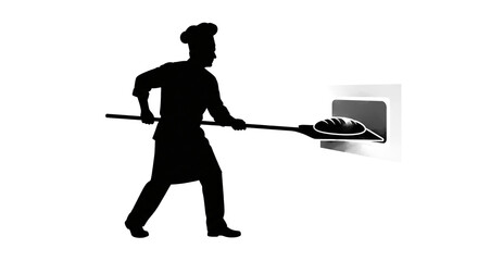 Silhouette of baker removing loaf from oven with peel black and white illustration