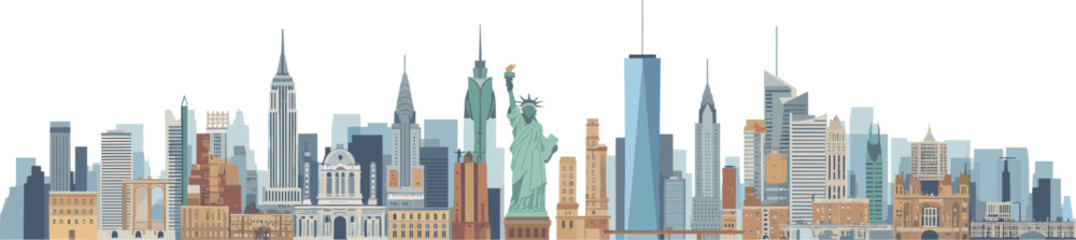 New York skyline illustration, Statue of Liberty, Empire State Building, cityscape art, urban architecture, travel destination, iconic landmarks, USA, modern, vibrant © ElectroTeam