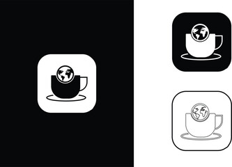 icons Coffee cup with planet Earth icon symbolizing global coffee culture and international business flat vector design for web and print