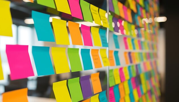 Corporate business strategy and leadership concepts on colorful sticky notes