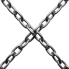 Obraz premium Two silver metal chains crossed on black background