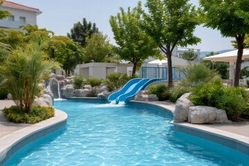 Water park lazy river with blue slides and waterfall