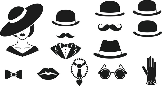 Retro lady and gentleman fashion style and accessories. Mustache and hat ladies man. Man wearing bowler hat, fedora, lady hat. Man woman icon gentleman lady. 
