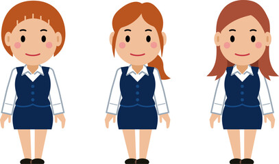 両手を下ろし、すまし顔のネイビー事務服の若い女性。その2