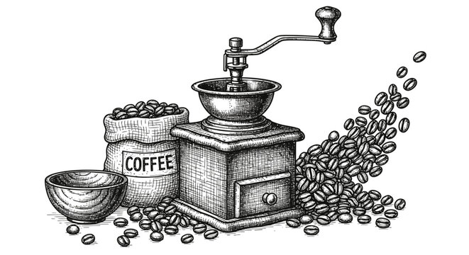 A detailed hand-drawn illustration captures the timeless ritual of coffee preparation, featuring a classic grinder, a sack of beans, and a small bowl, evoking a rustic charm.