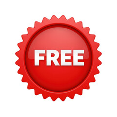 3D rendered red FREE badge seal icon isolated on transparent background