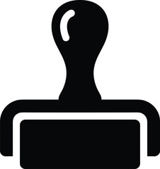 Minimal vector silhouette, classic ink roller stamp with curved handle, solid black, isolated on white.