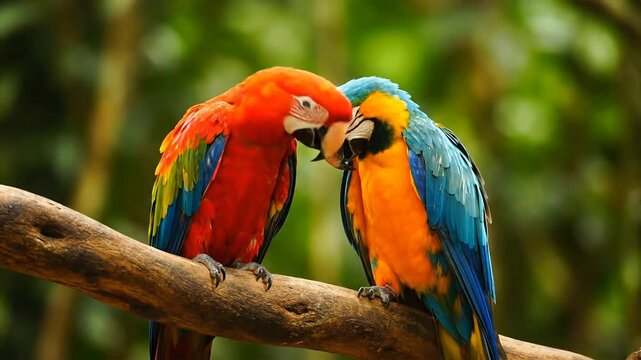 Vibrant scarlet macaw and blue and gold macaw perched on branch