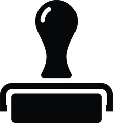 Minimal vector silhouette, classic ink roller stamp with curved handle, solid black, isolated on white.