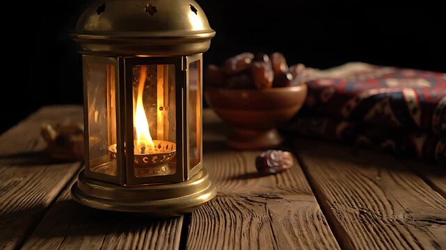 Traditional ornate brass lantern casting a warm, flickering glow illuminates delicious dates served beside a patterned textile on rustic wooden surface.