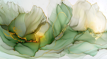 Obraz premium Soft green and beige alcohol ink painting with gold glitter edges, abstract floral shape fluid art, dreamy wedding background texture