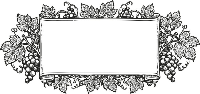 vintage grapevine frame with blank banner for text or label design in black and white