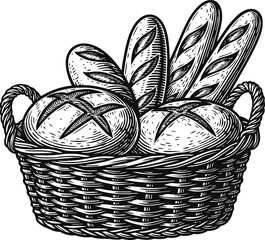 Obraz premium Wicker basket filled with assorted fresh bread loaves and baguettes in vintage sketch