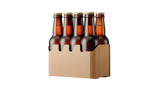 Six pack of cold beer bottles in a cardboard carrier against a black background